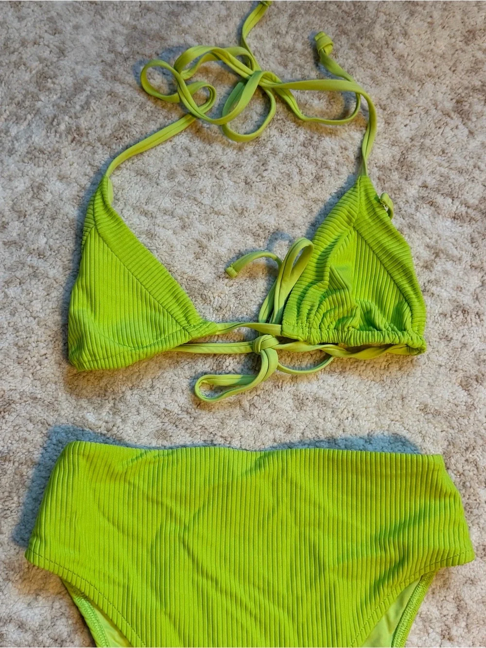 Frankie's Bikinis Neon Lime Sky Ribbed High-Waist Triangle Bikini Set (XS)